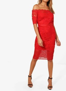 boohoo red off the shoulder dress