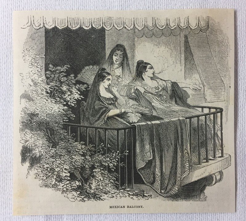 1855 magazine engraving ~ WOMEN SMOKING ON A MEXICAN BALCONY
