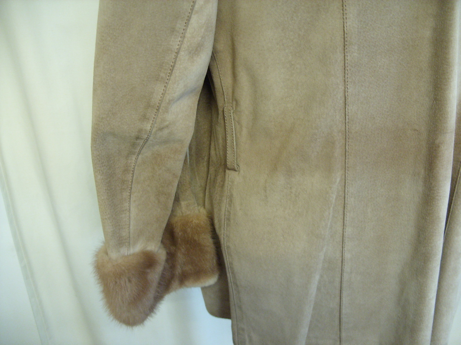 ALTRA Cappotto donna in pelle scamosciata e pelliccia beige marrone busto 38" lunghezza 28" senza cintura 0644