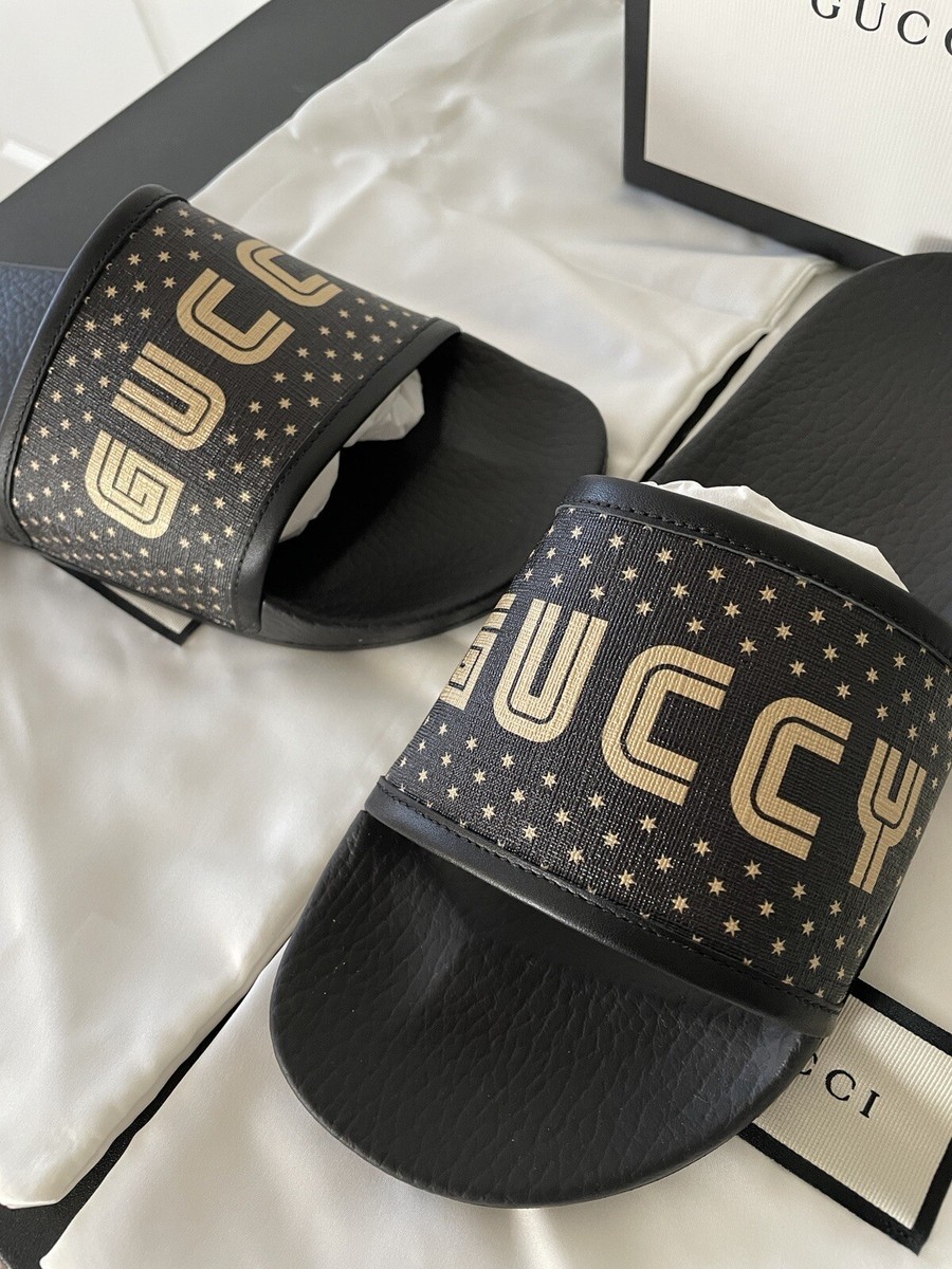 NEW $450 Gucci Pursuit SEGA Logo Stars Slide Sandals Black