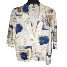 Vintage Blazer Jacket Cream Blue Pockets USA Women Size Medium 80s 90s Floral