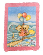 Vintage Baby Minky Fleece Plush Blanket Pink Bear Balloons 40" x 30" Unbranded