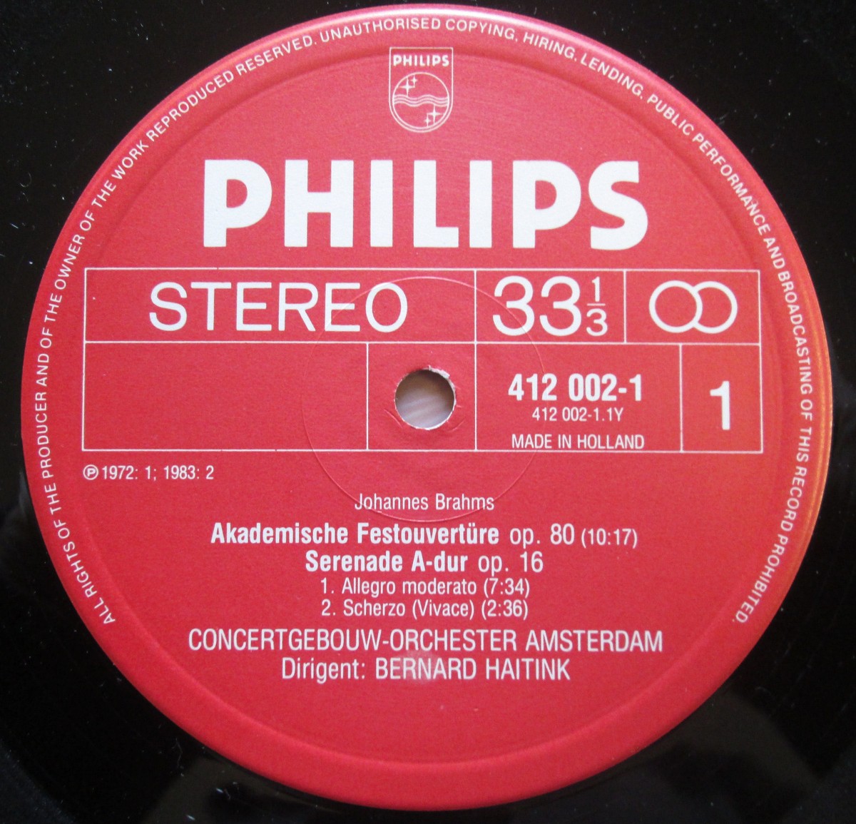 Philips 412 002-1 Brahms Serenade no. 2 Bernard Haitink
