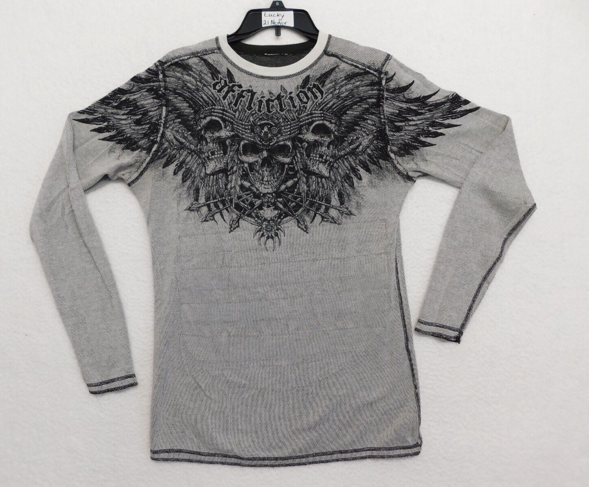 Affliction Mens Thermal Long Sleeve Reversible Shirt M Medium Gray