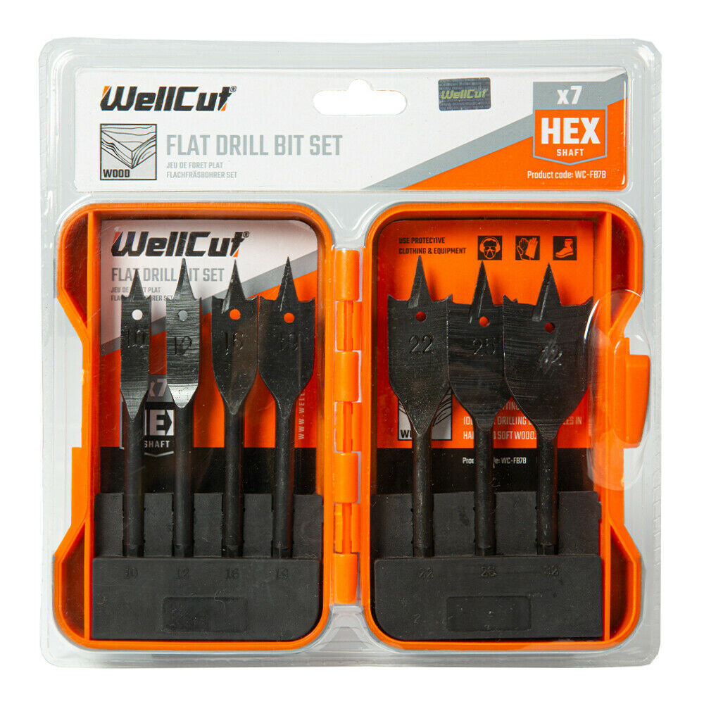 WellCut WC-FB7B Black Edition 10-32mm Flat Wood Drill Spade Bit Set with 