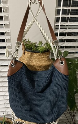 The Sak Large Crochet Navy Blue Shoulder Bag With Brown  display picture 1