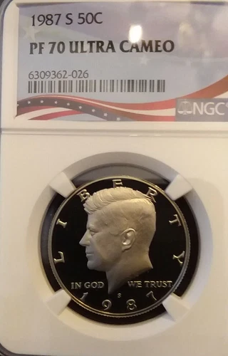 1987-S NGC PF70 ULTRA CAMEO KENNEDY HALF DOLLAR *** PATRIOTIC FLAG LABEL ***