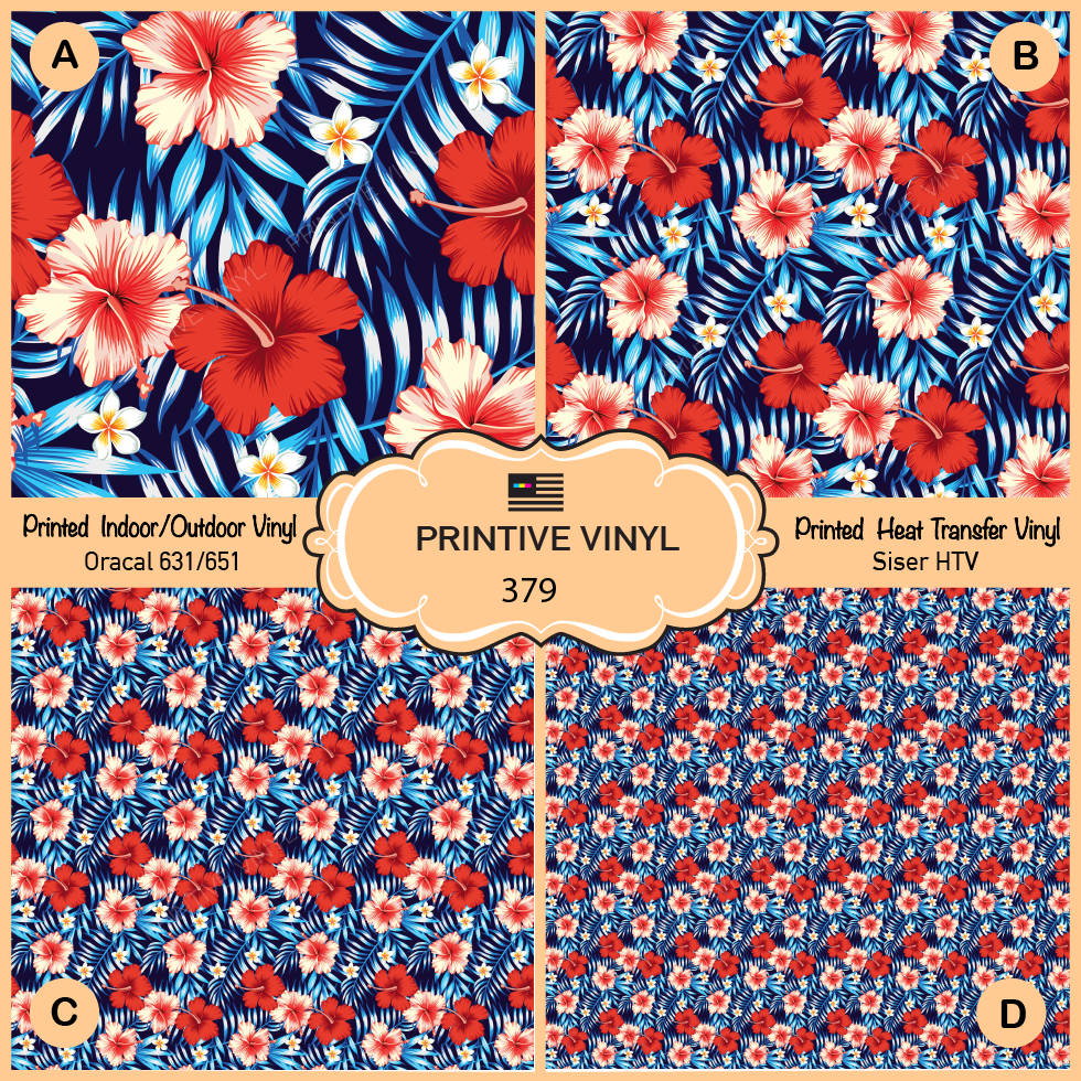 Hibiscus Flower Palm Leaves Patterned Iron on, Printed HTV, Adhesive Vinyl-  379