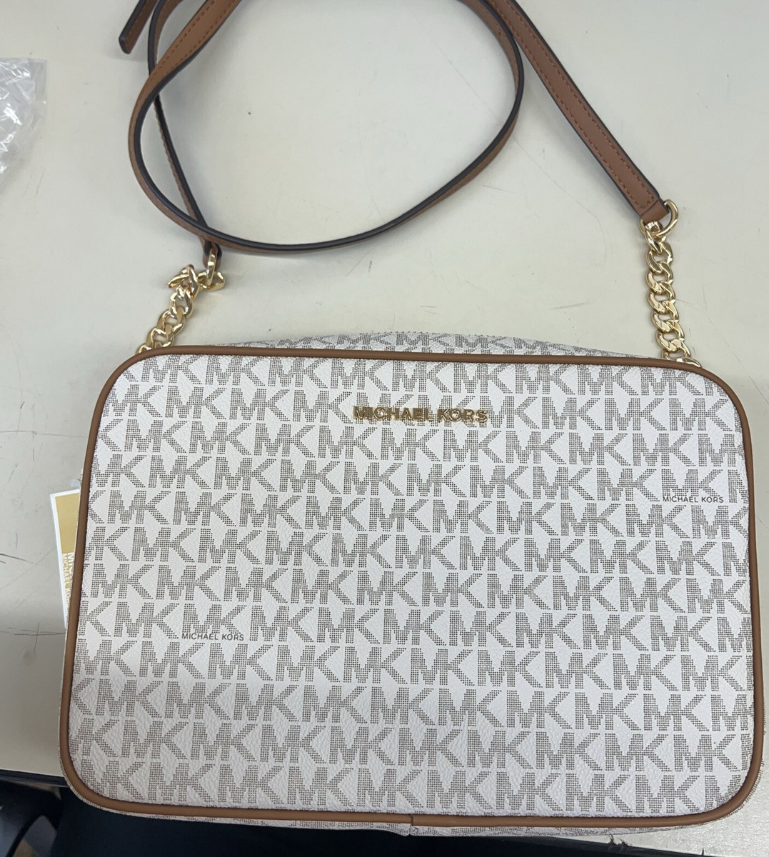 Michael Kors Ladies Vanilla Signature-coated Jet Set Large East West  Crossbody