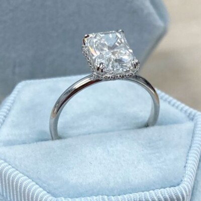 2.34Ctw Radiant Cut Moissanite Hidden Halo Engagement Ring 14K White Gold Plated
