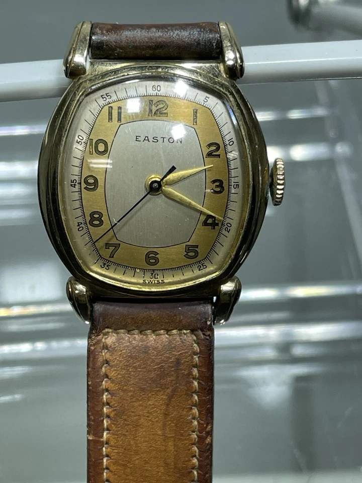 复古 Easton Watch Co. 男式手表 10K RGP 皮革表带 瑞士制造 — 第 2/4 张图片