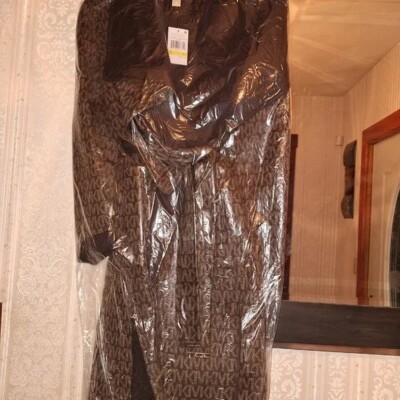 Michael Kors Wool Blend Logo Jacquard Wrap Belted Coat Brown