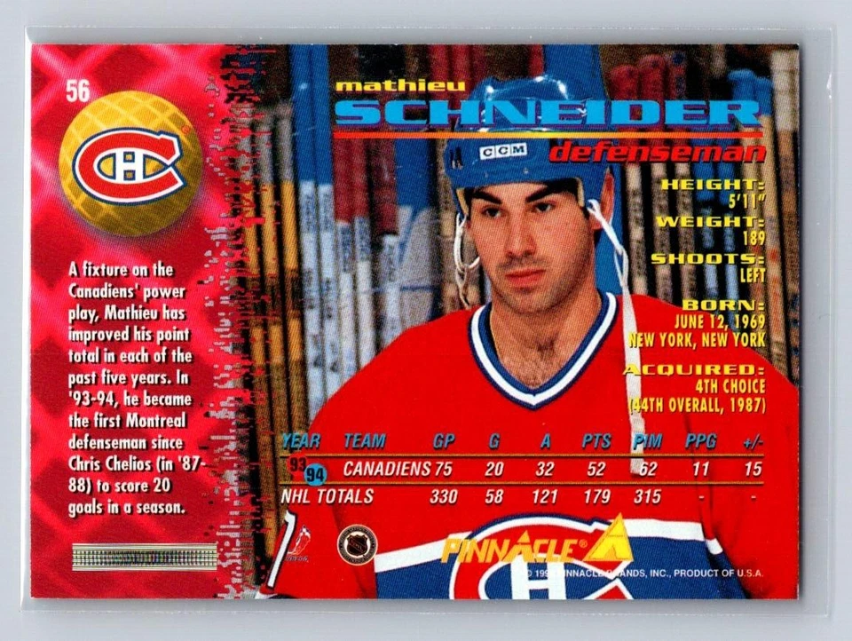 1994-95 Pinnacle #56 Mathieu Schneider Montreal Canadiens - Image 2 of 2