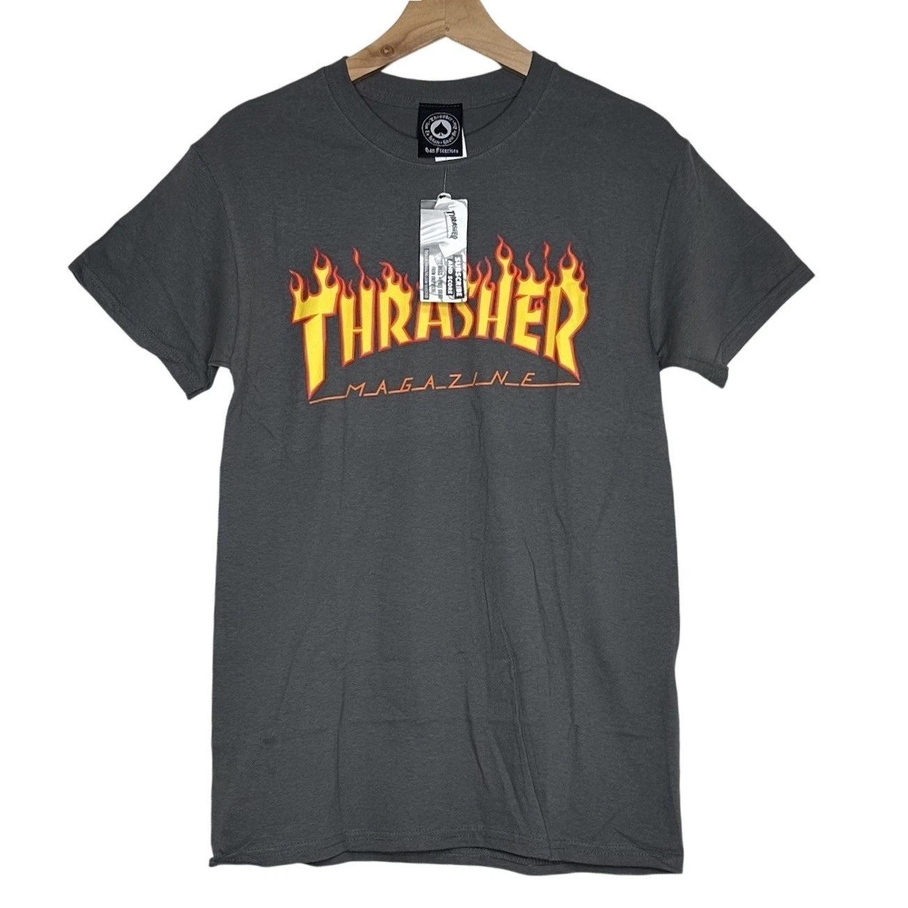 Thrasher Magazine T-Shirt Mens S Gray Flames Skateboarding Casual Crew Neck NEW
