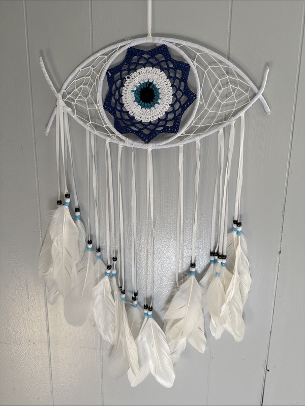 Evil Eye Dream Catcher-White Dream Catchers Handmade Feather 13”x 23”