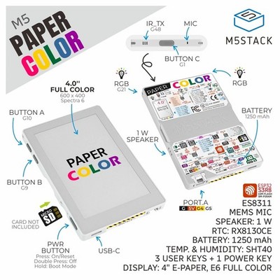 M5Stack Official M5Paper Color ESP32-S3 Development Kit, 4 Zoll Spectra 6 E-Ink