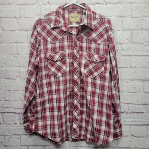 VTG Wrangler Plaid Western Pearl Snap Shirt Mens L Red Cowboy Grunge Retro