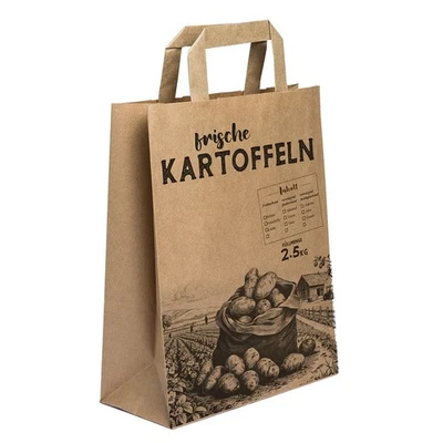 750 Papiertüten 2,5kg 22+10x31 stabile Papiertasche Kartoffel-Motiv Flachgriffe - Bild 1 von 4