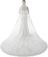 118-Inch 1 Tier Cathedral Wedding Veil w/Metal Comb-White Soft Tulle-Minimalist