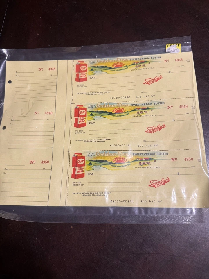 TOWNLEY'S DAIRY Golden Dew checks total of 3 unused Really nice and pretty - Image 1 of 4