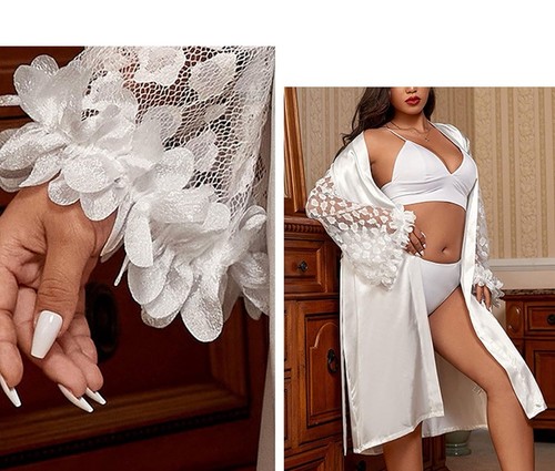 Women's Plus Size Satin Robe Long Sleeve Silk Kimono Bathrobe with Contrast Lace - Picture 5 of 12