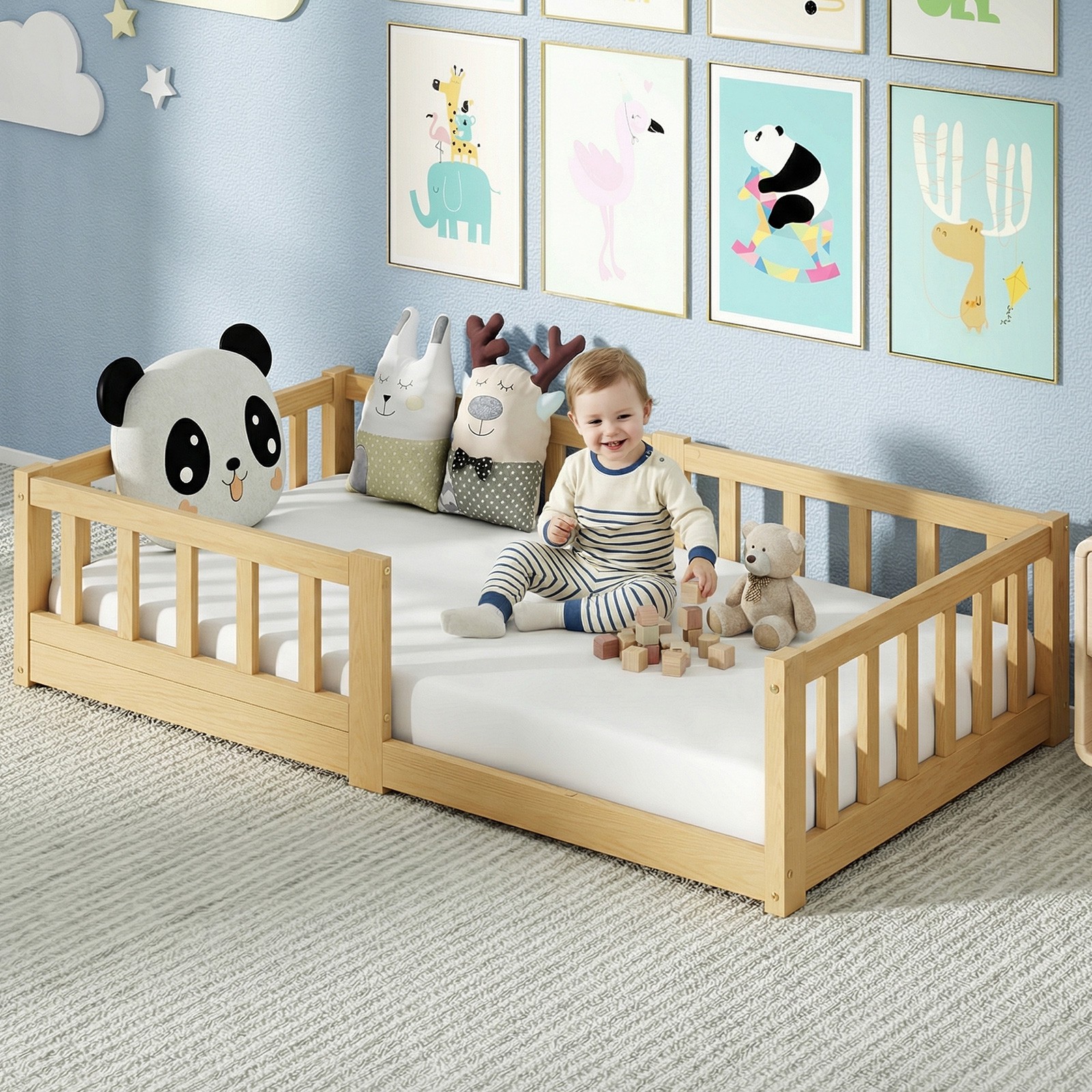 NAIZEA Floor Bed with Slats & Guardrail Crib Size Montessori Floor Bed w / Fence