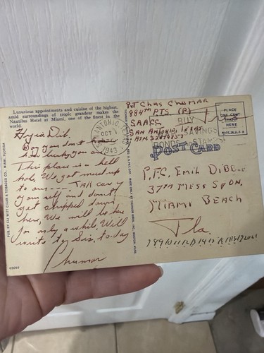 WWII Postcard Lot PFC Emil Dibble Miami Beach FL & Yellowstone 1943-45 Military