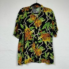 Vintage Monzini Collection Black Hawaiian Print Shirt Mens M Floral Short Sleeve