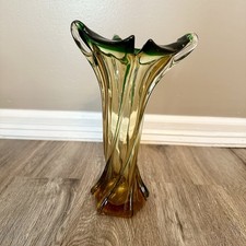 Vintage Tri-lobe Murano Art Glass Vase 12  Tall Italy 1960's Amber Green Swirl