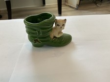 Vintage Ceramic Kitten Peeking out of Green Boot