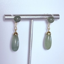 14K Yellow Gold Green Jade 37mm Ball Stud Teardrop Dangle Earrings 7.2g