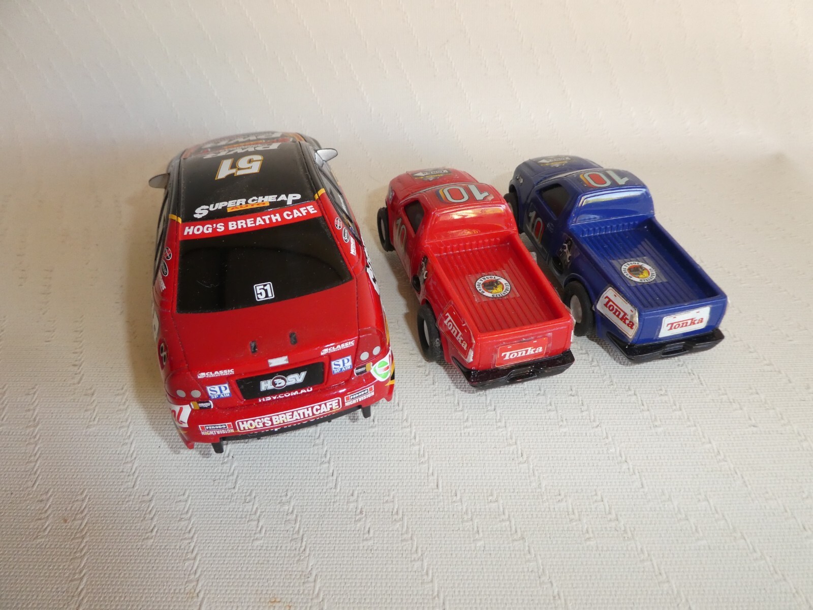 VINTAGE SLOT CARS ( 3 ) SCALEXTRIC HOLDEN COMMODORE & 2 TONKA PICKUPS