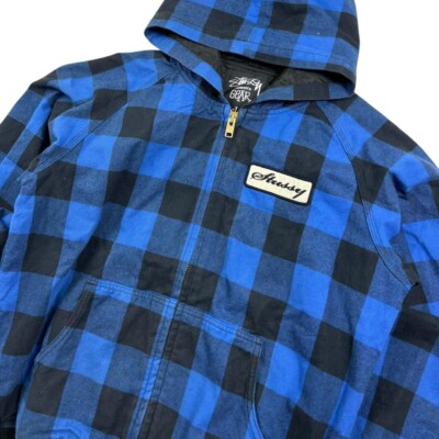 Vintage Stussy Chequered Zip Up Workwear Jacket / Hoodie (Large