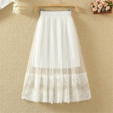 Ladies Mesh Tutu Skirt Floral Lace A-line Tulle Elastic Waist Solid Skirt Summer