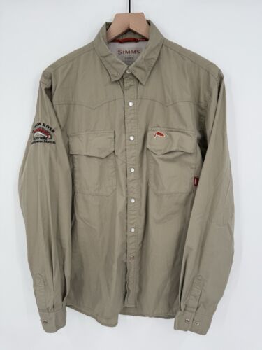 SIMMS Shirt Mens Medium Khaki Pearl Snap Fishing Utility Outdoors Camping Work