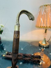 Vintage cobra snake Brass Head Handle Wooden Brown Engraved Walking Cane Stick