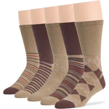 Men Diabetic Wide Cotton Crew Sock 5 Pack Large-Stripe Khaki, Brown, Beige