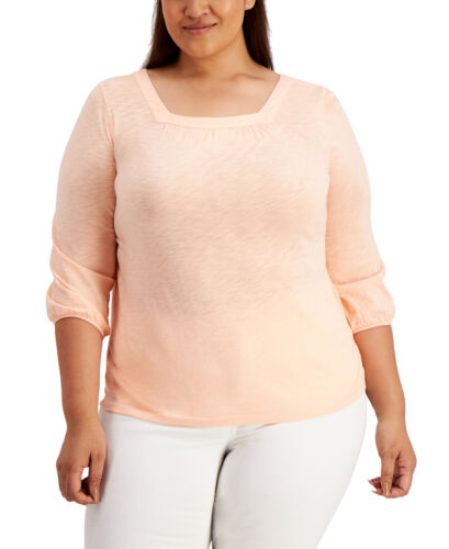 Style & Co Women's Plus Size 3/4-Sleeve Square-Neck Top (3X, Peach Sherbet)
