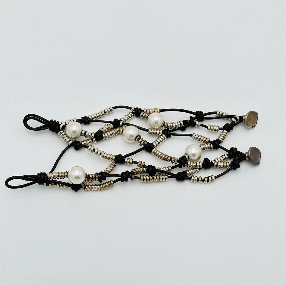 Uno de 50 Multi Pulseira de Pérolas de Couro Pérolas do Deserto Prata RARO - Imagem 3 de 4