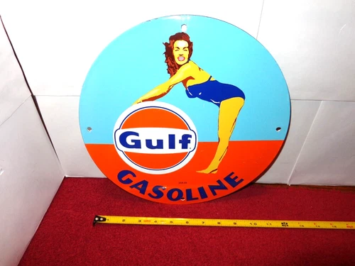 VINTAGE MARILYN MONROE  1953 GULF GASOLINE 11 3/4" PORCELAIN METAL GAS OIL SIGN!