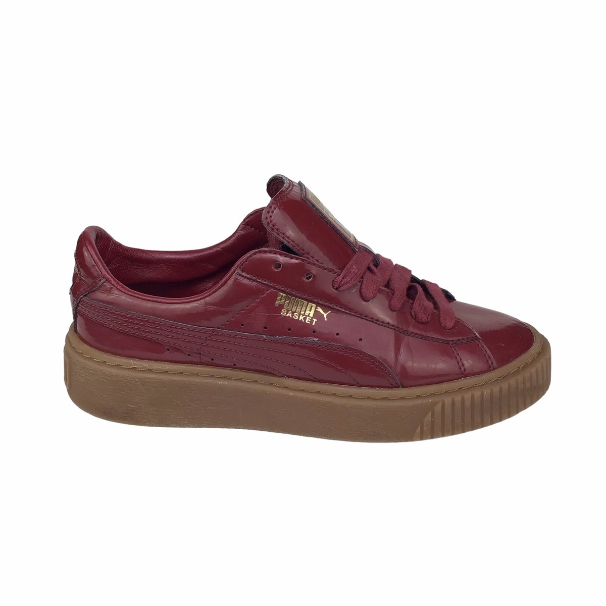 Puma Basket Platform Low Shoes Patent Leather Trainers Burgundy