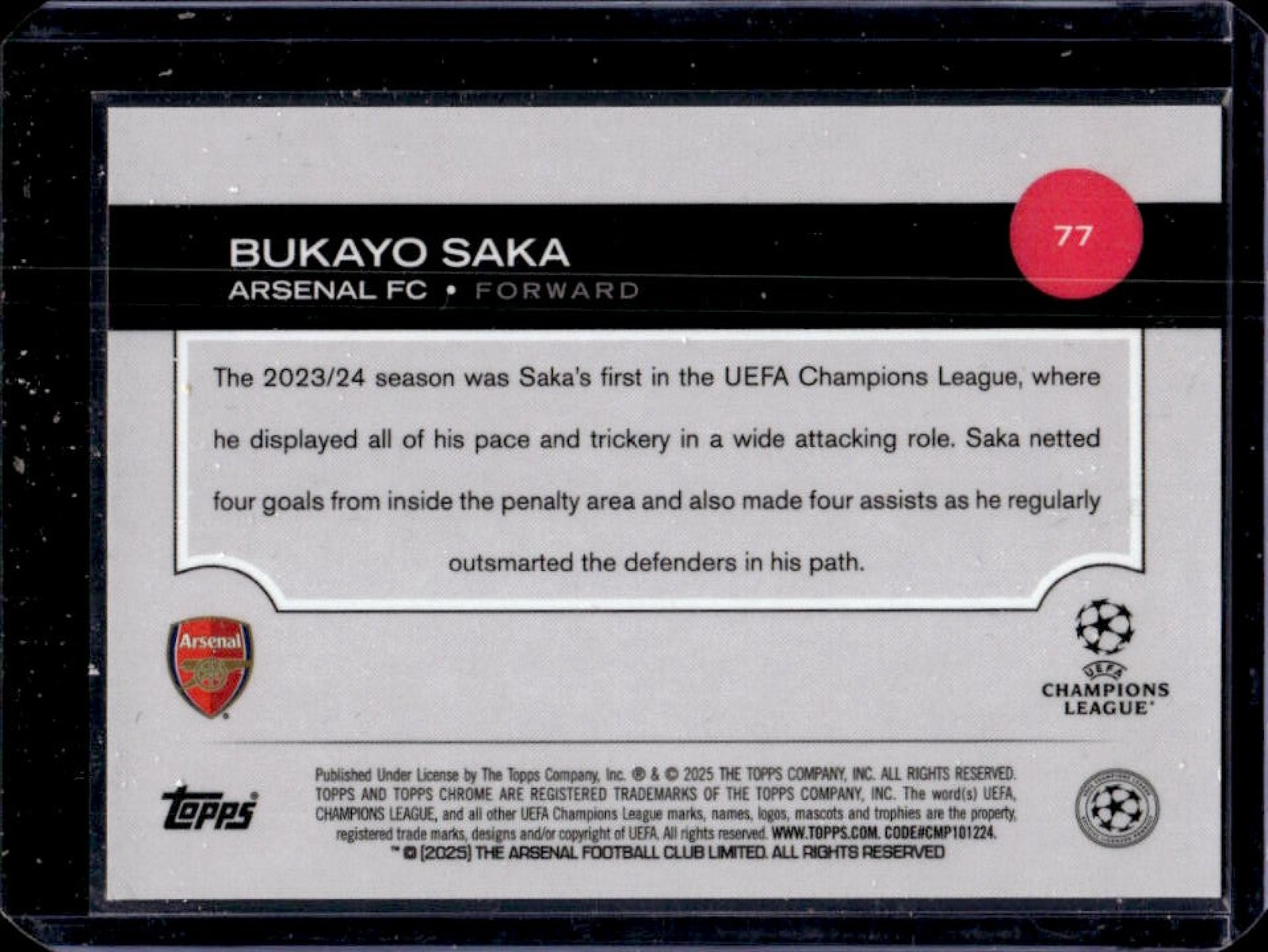 2024-25 Topps Chrome UEFA Bukayo Saka Gold Refractor #/50 Arsenal view 2