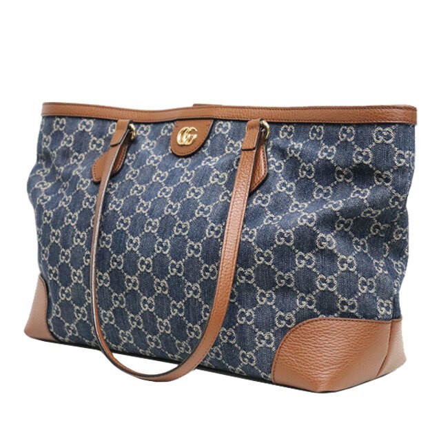 GUCCI GG Medium Denim Tote Bag with Leather Trim and Gold Hardware in Indigo Brown