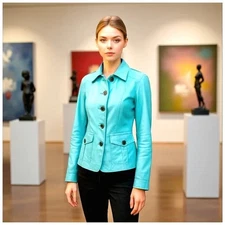 Source Unknown Women’s Aqua Long Sleeves Genuine Leather Jacket Size 1