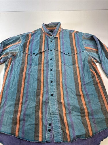 Camicia vintage Wrangler Brush Popper 17,5 x 35 Western Stripe USA X-Long Tails - Foto 2 di 7