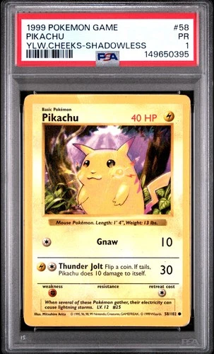 1999 POKEMON BASE SET SHADOWLESS YELLOW CHEEKS #58 PIKACHU PSA 1