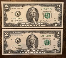 2 Rare Consecutive UNC $2 Two Dollar Bill Star Notes 64K Print Run Size 2017 A