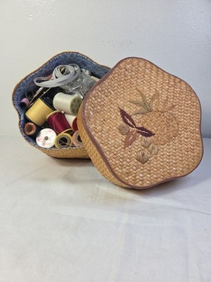 Vintage Woven Lined Hexagon Sewing Basket Full With Sewing Notions 