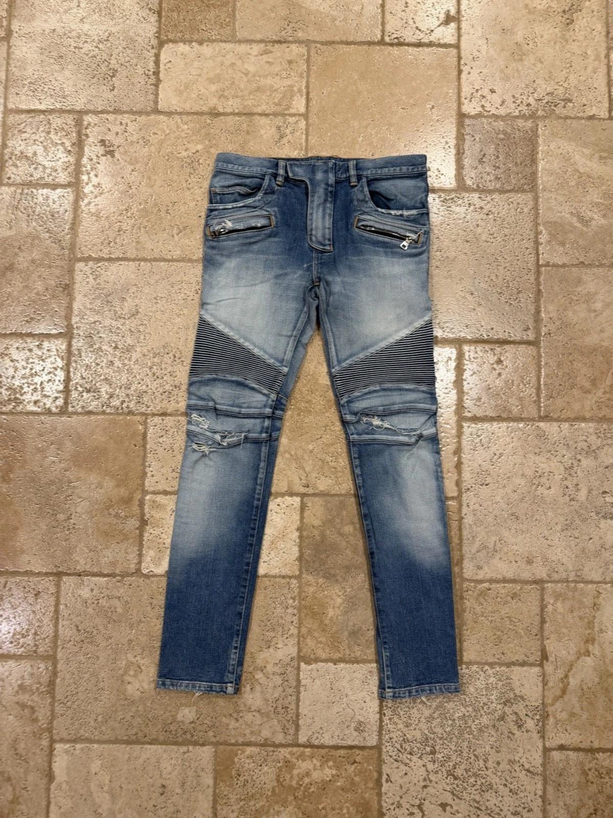 Balmain — Balmain OG Biker Distressed Stone Wash Blue Denim Jeans