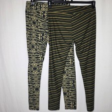 LOT of 2 LuLaRoe Green Olive Stripe Neutral Leggings Tall Curvy TC Sz 12-18